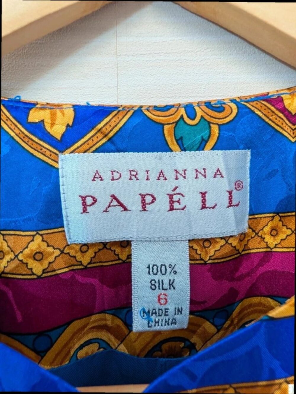 Vintage Baroque Print Blouse Blue Gold Silk Pattern Top Womens UK Size 6 - Picture 2 of 5